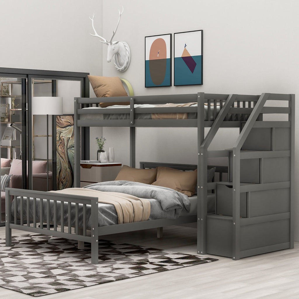 Twin Over Full Loft Bed with Staircase, Gray