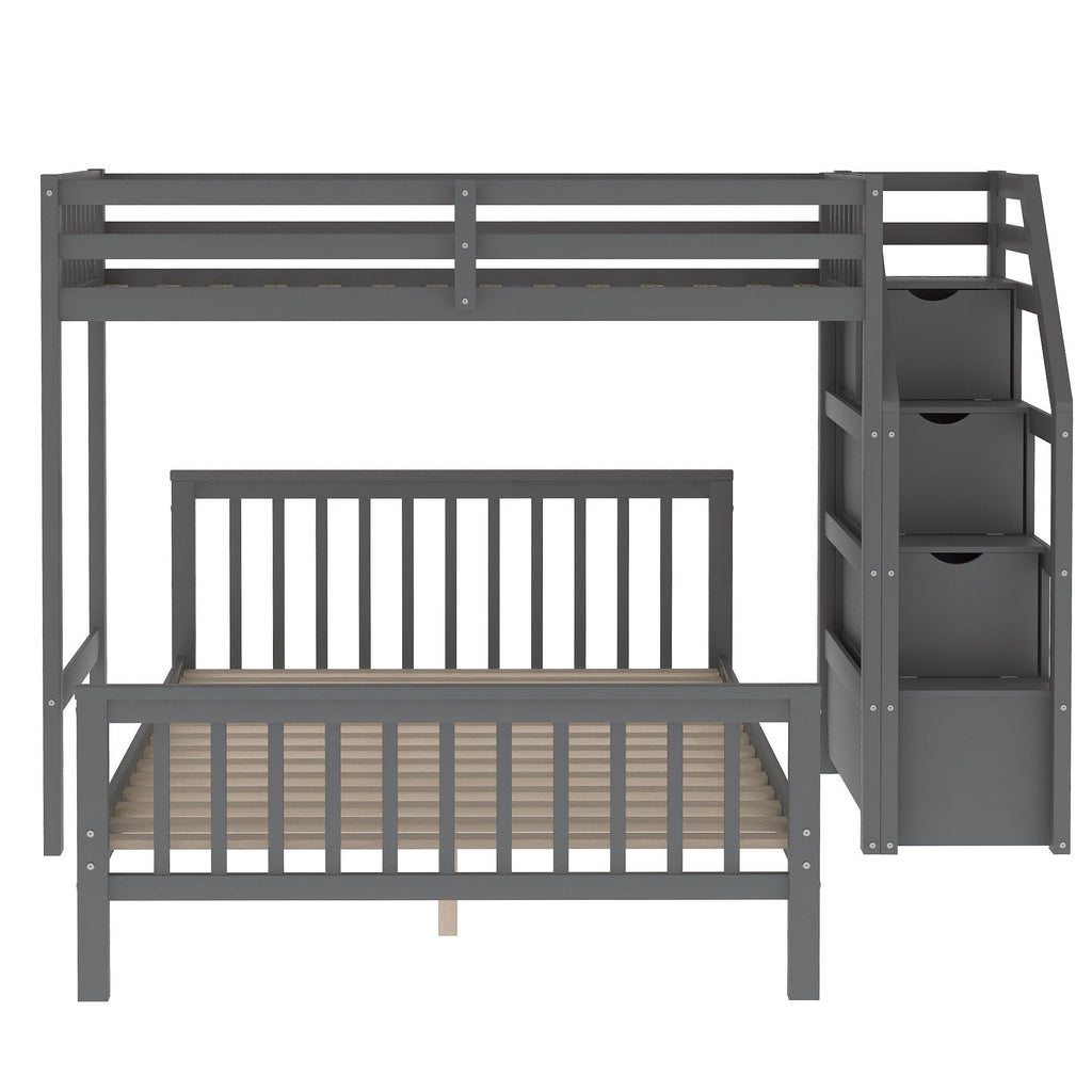 Twin Over Full Loft Bed with Staircase, Gray