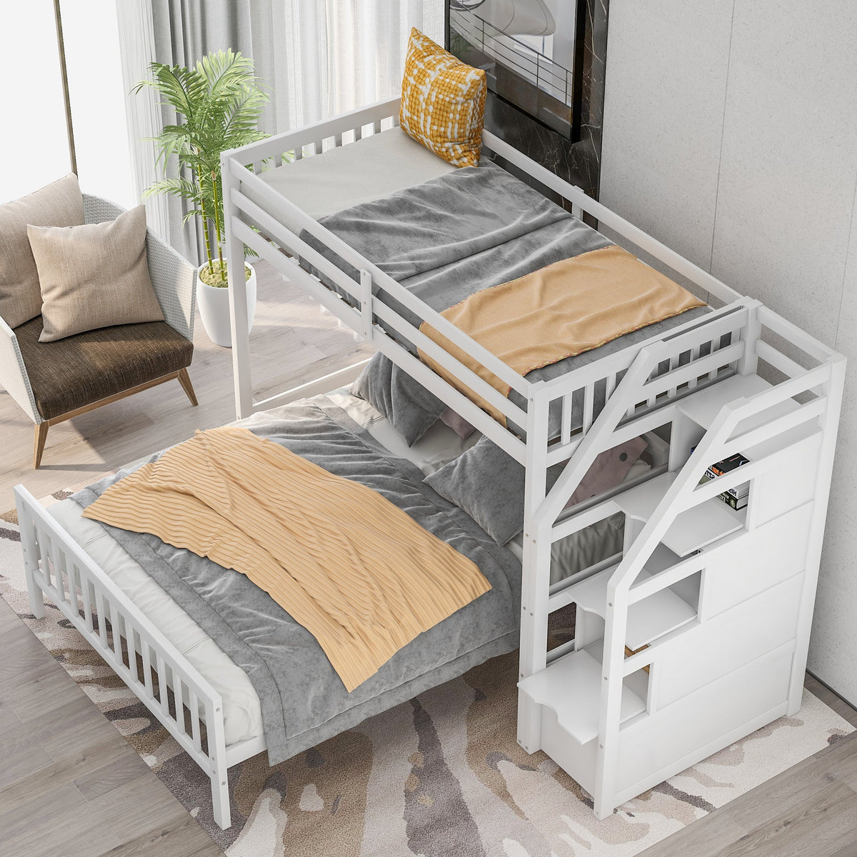 Twin Over Full Loft Bed with Staircase, White