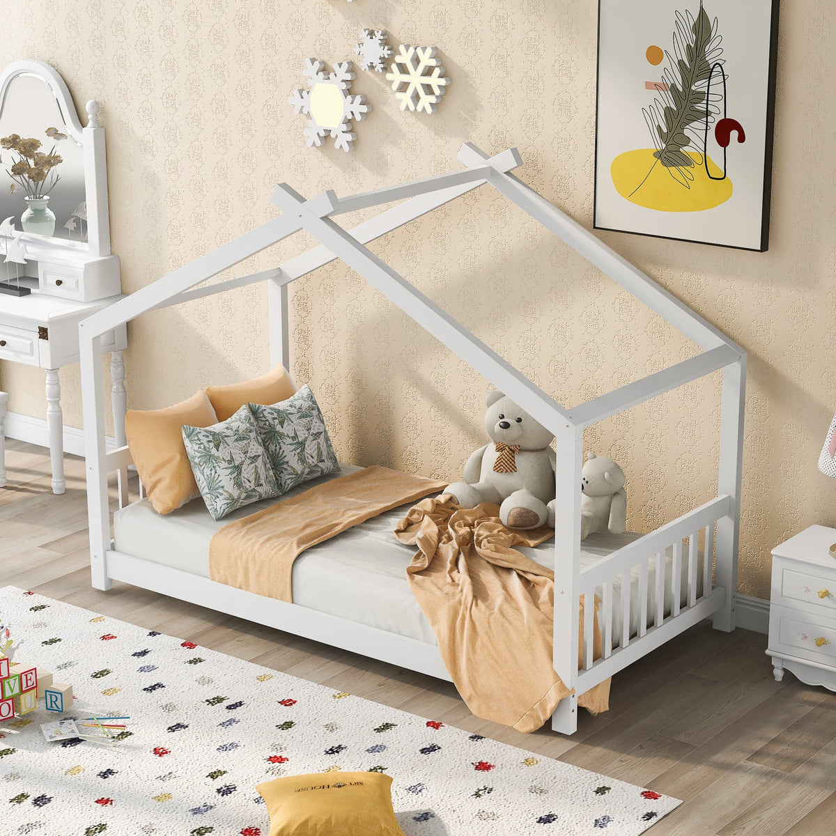 Twin Size House Platform Bed with Headboard and Footboard