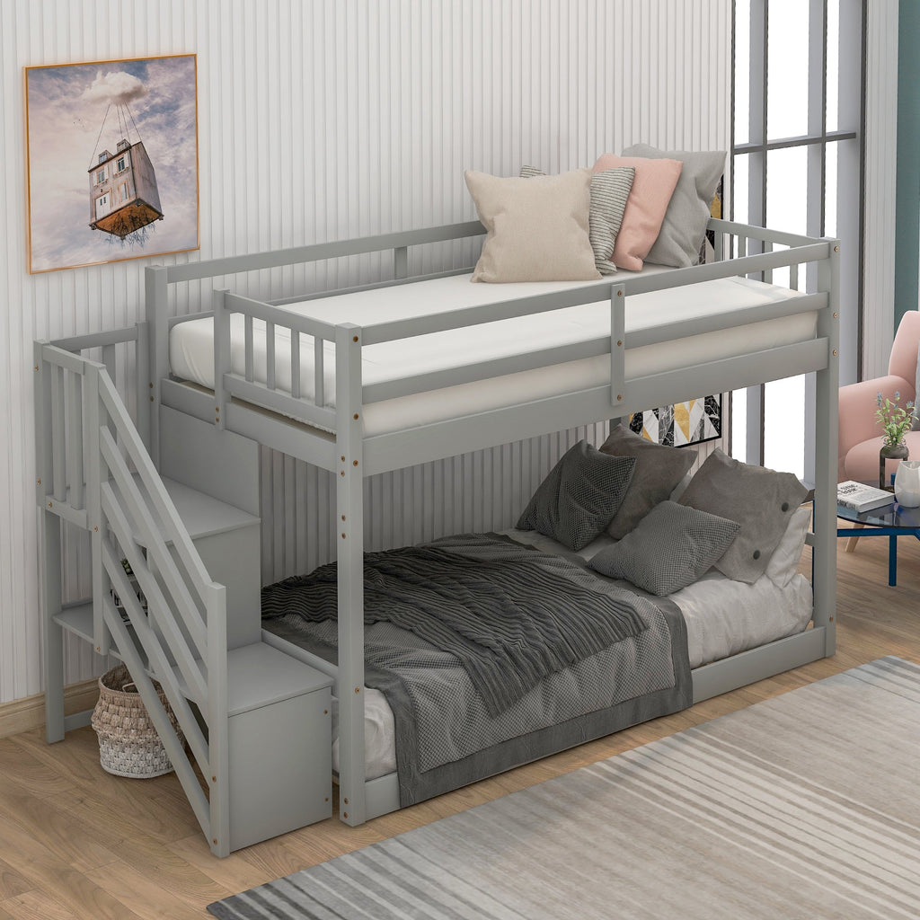 Twin Over Twin Floor Bunk Bed, Ladder with Storage