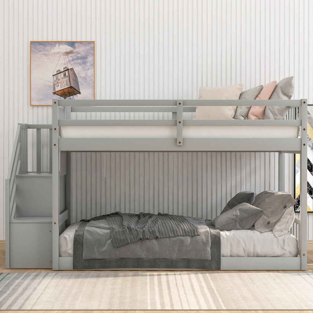 Twin Over Twin Floor Bunk Bed, Ladder with Storage