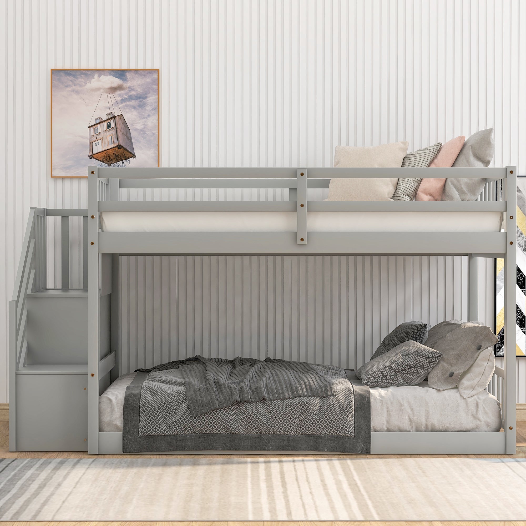 Twin Over Twin Floor Bunk Bed, Ladder with Storage