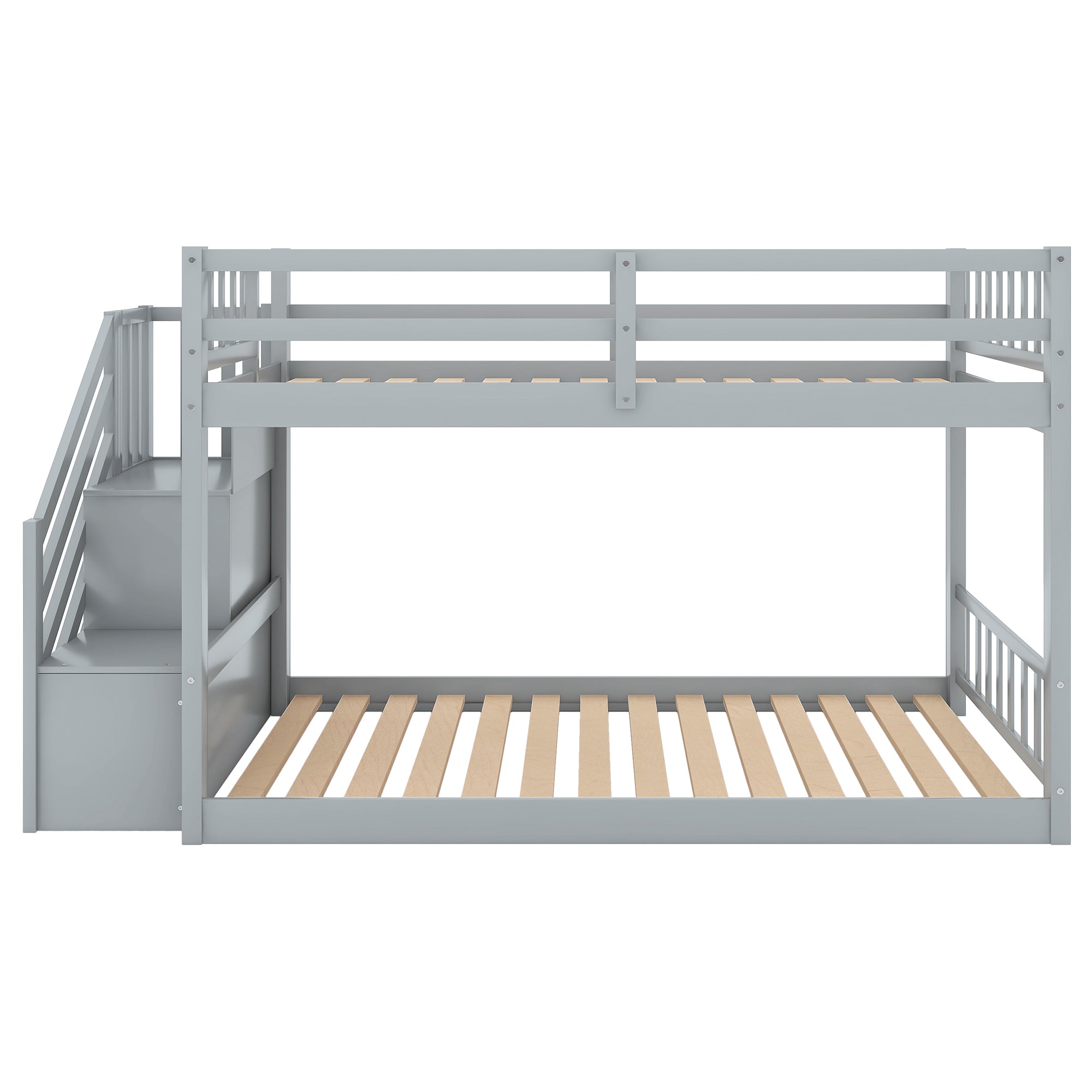 Twin Over Twin Floor Bunk Bed, Ladder with Storage