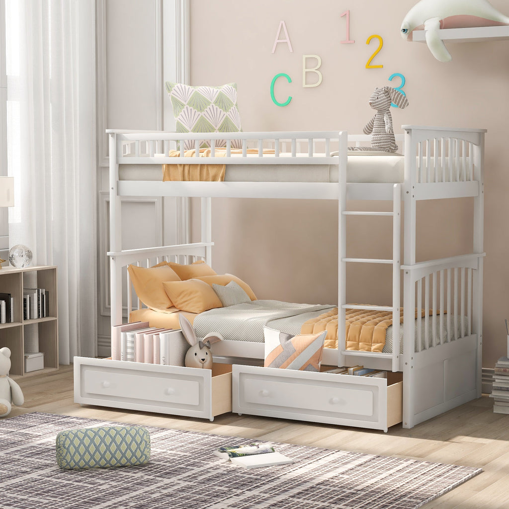 Twin Over Twin Bunk Bed with Drawers, Convertible Beds, White