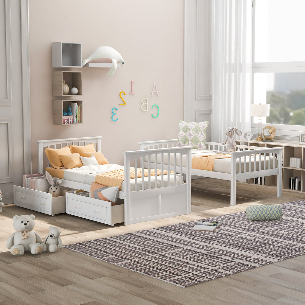 Twin Over Twin Bunk Bed with Drawers, Convertible Beds, White