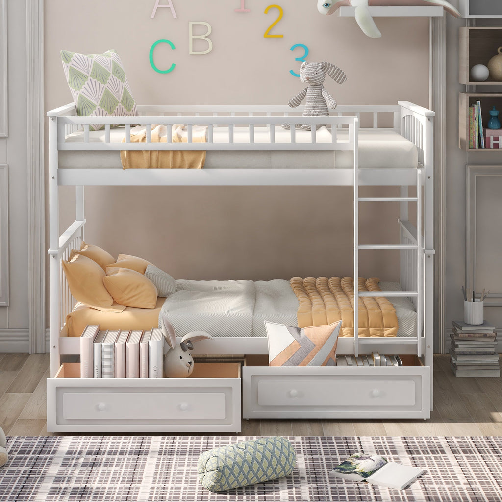 Twin Over Twin Bunk Bed with Drawers, Convertible Beds, White