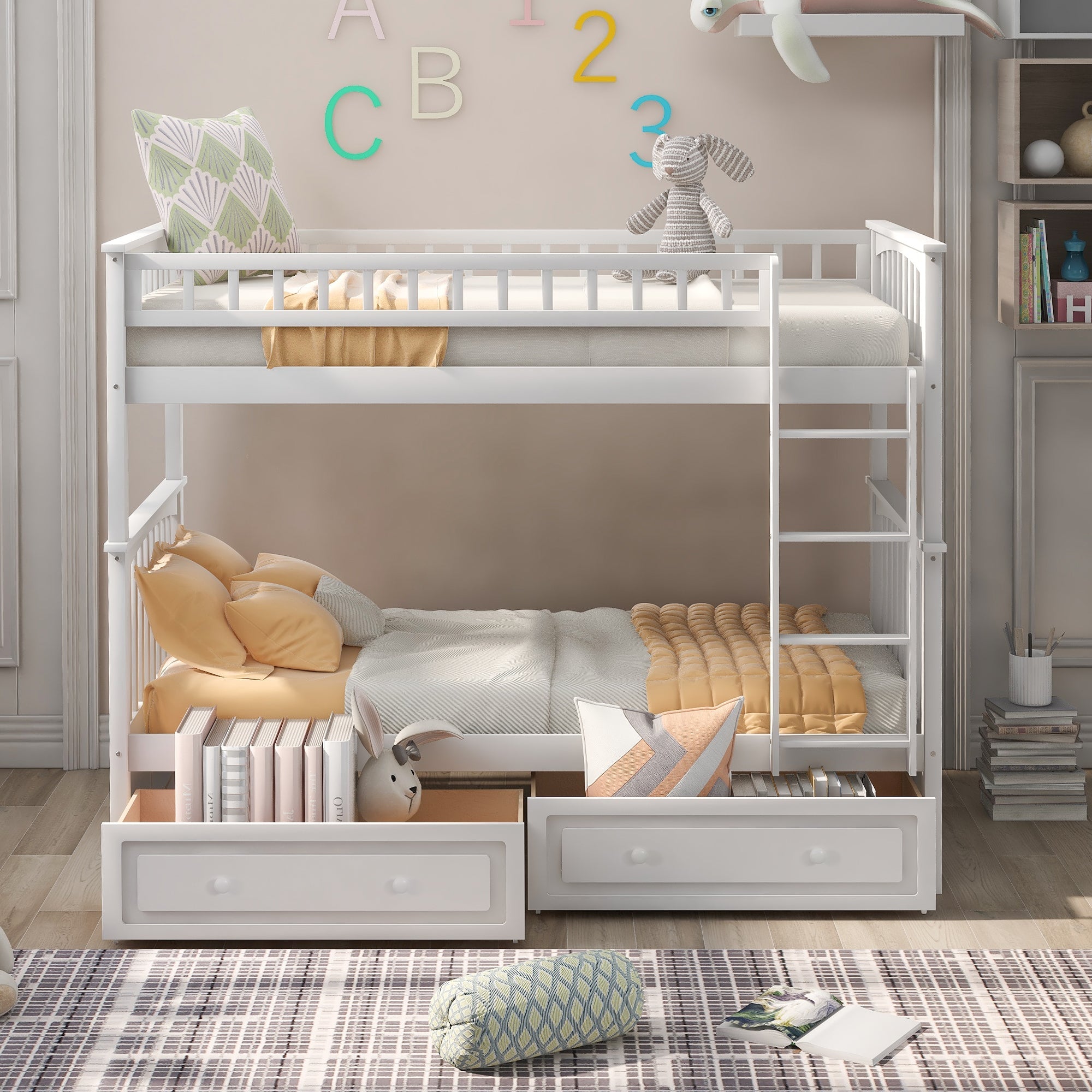 Twin Over Twin Bunk Bed with Drawers, Convertible Beds, White