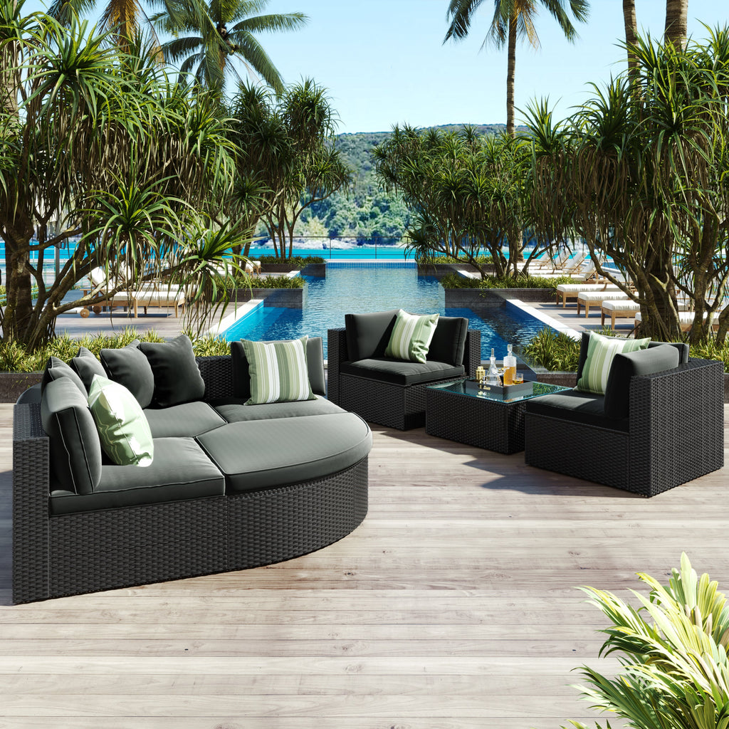 GO 7-Piece Outdoor Wicker Sofa Set with Striped Cushions