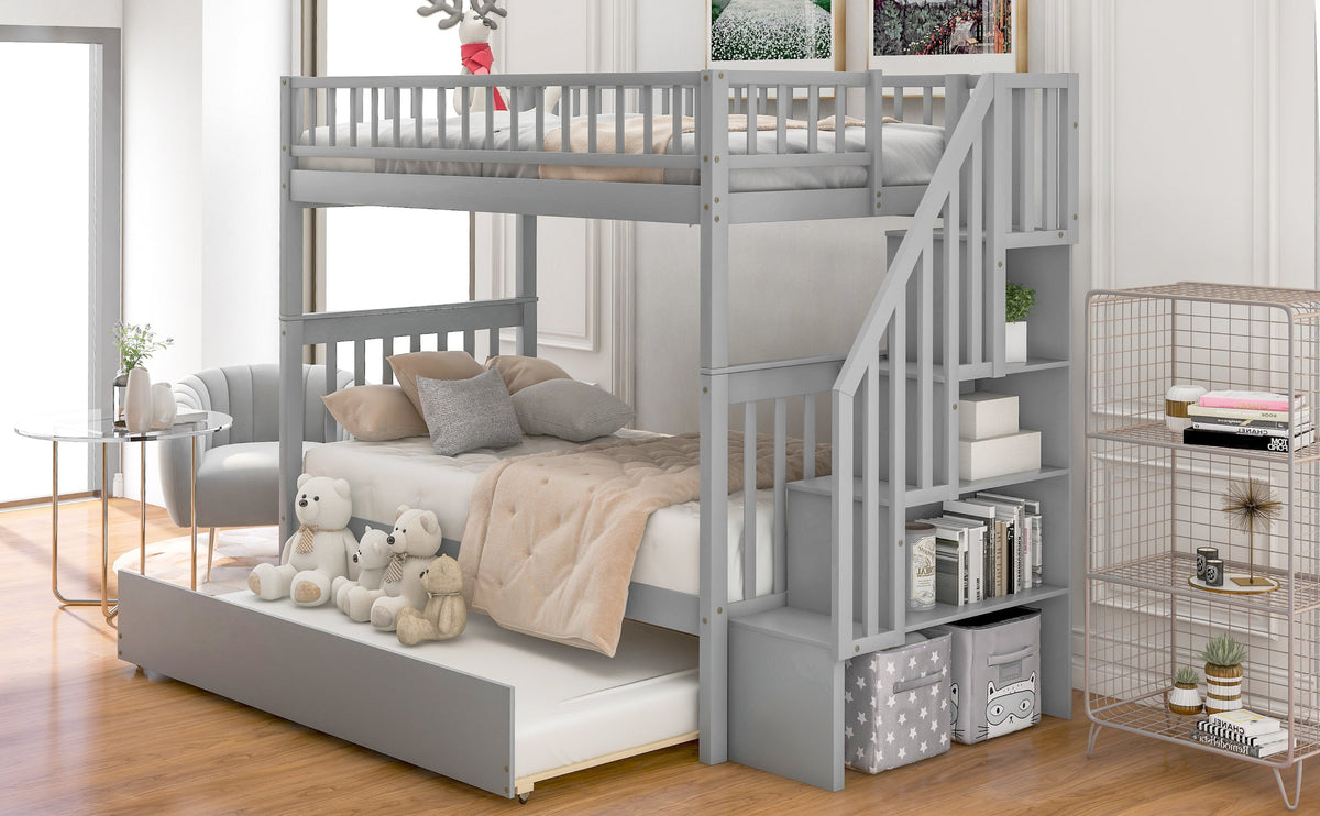 Twin Over Twin Bunk Bed with Trundle and Storage