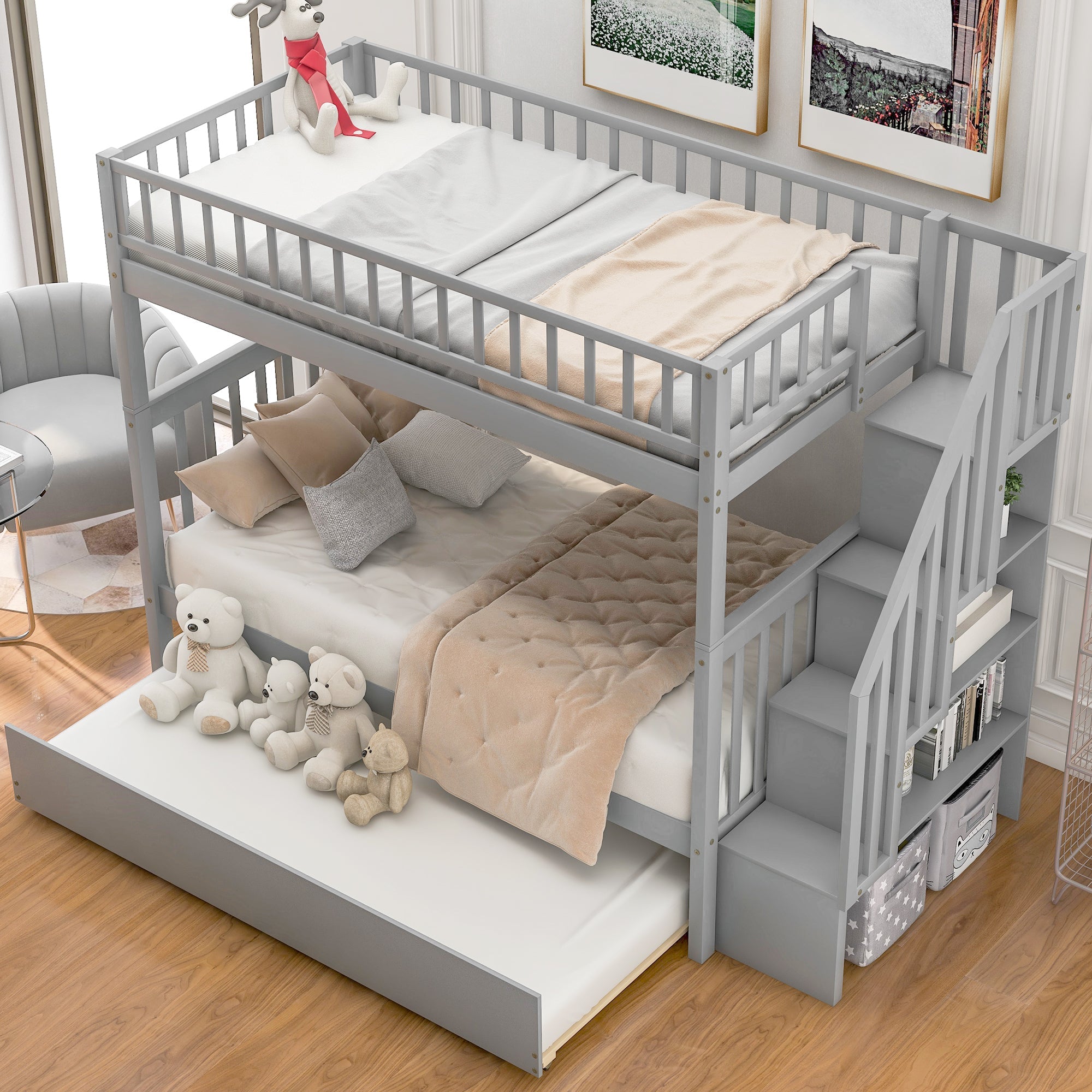 Twin Over Twin Bunk Bed with Trundle and Storage