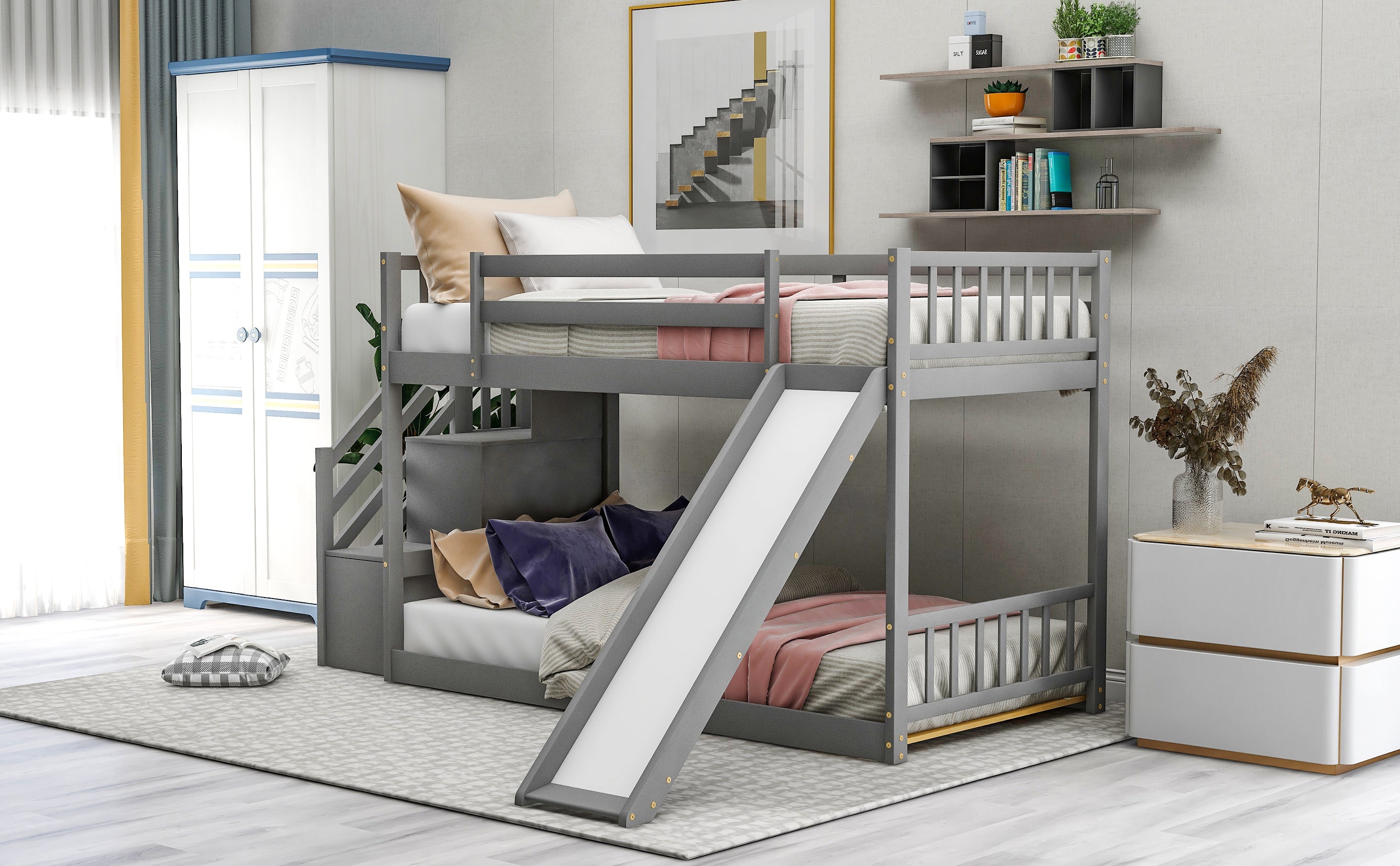Twin Over Twin Bunk Bed with Convertible Slide and Stairway