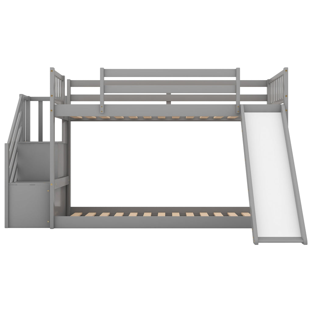 Twin Over Twin Bunk Bed with Convertible Slide and Stairway