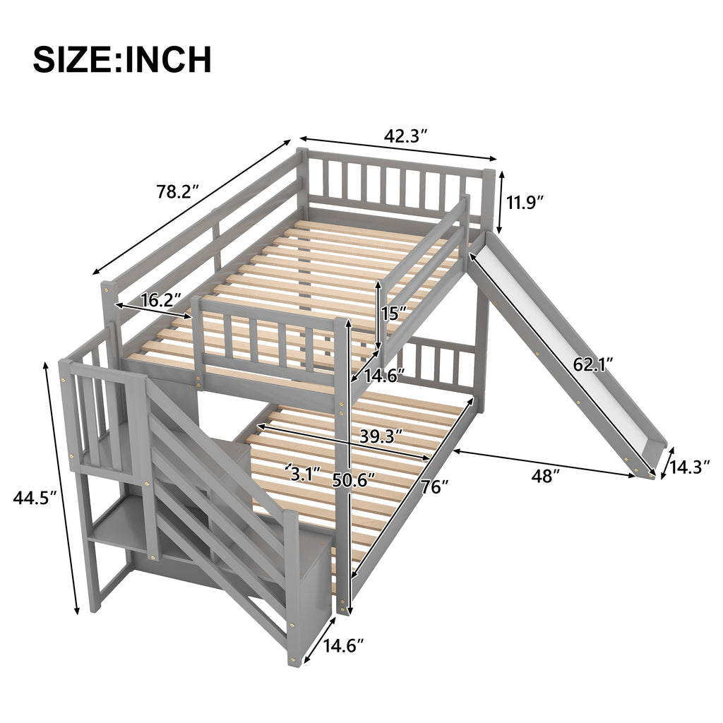 Twin Over Twin Bunk Bed with Convertible Slide and Stairway