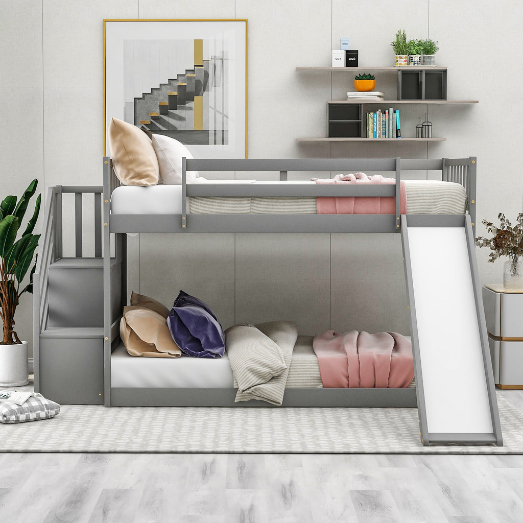 Twin Over Twin Bunk Bed with Convertible Slide and Stairway