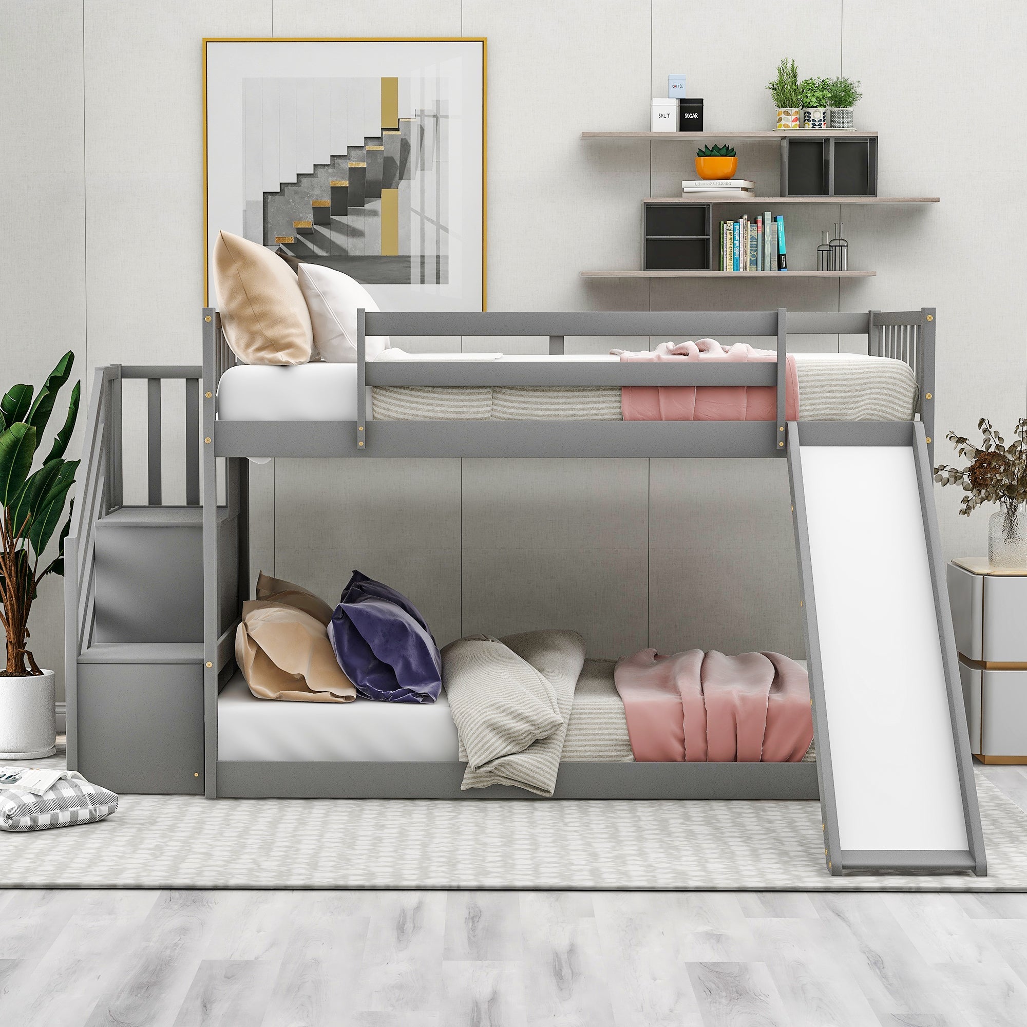 Twin Over Twin Bunk Bed with Convertible Slide and Stairway