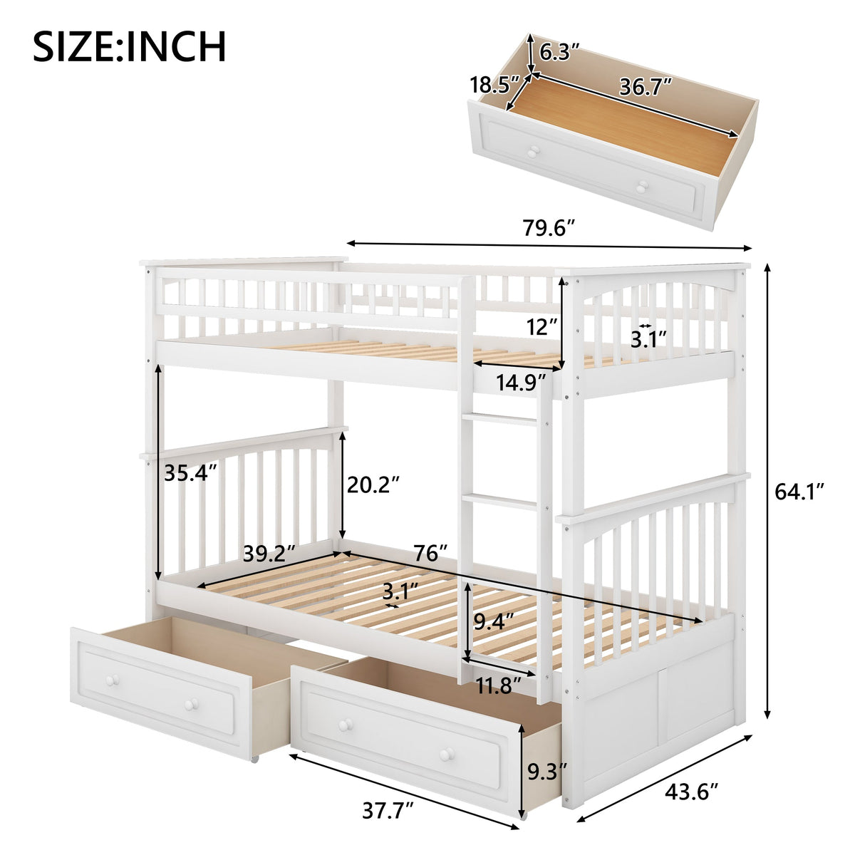 Twin Over Twin Bunk Bed with Drawers, Convertible Beds, White