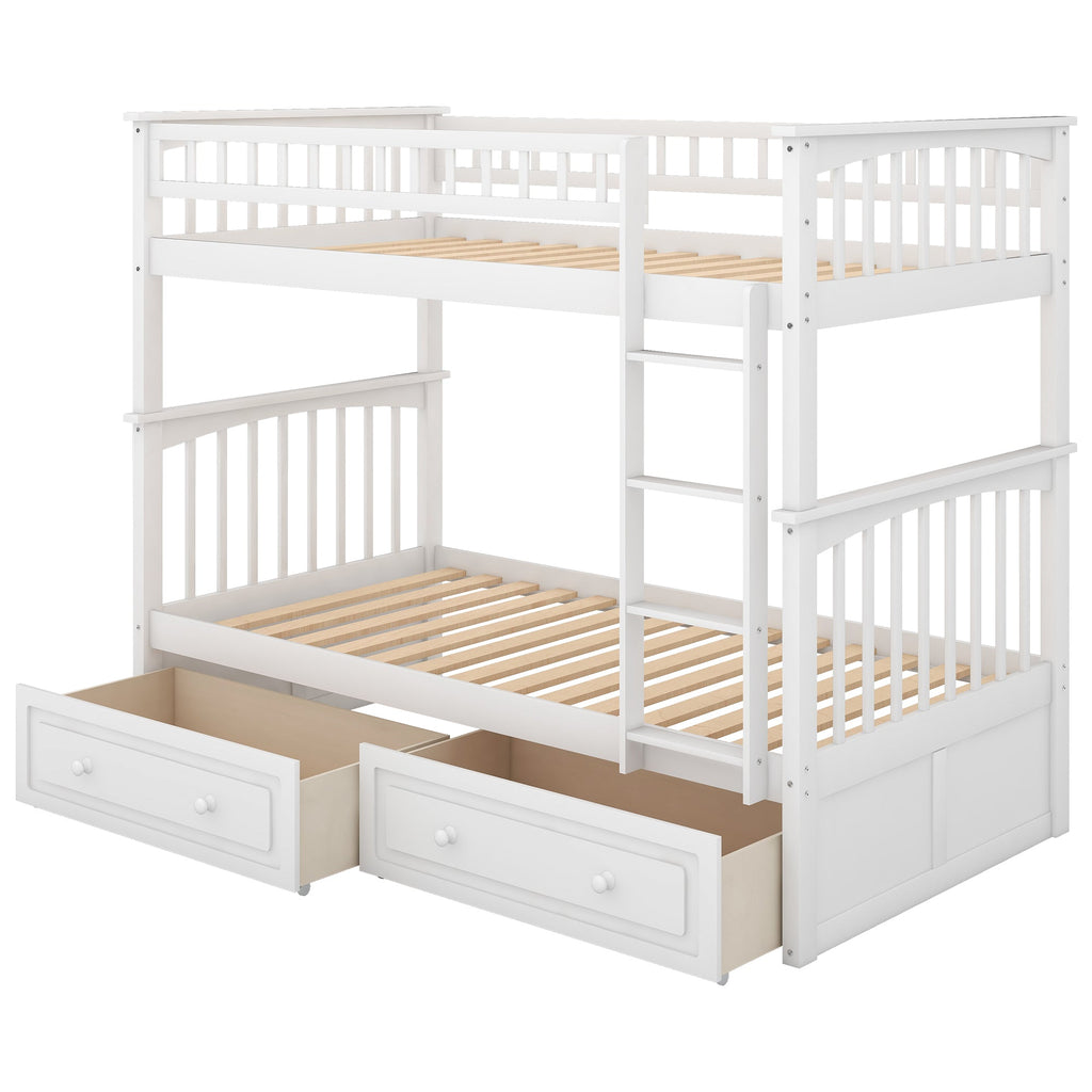Twin Over Twin Bunk Bed with Drawers, Convertible Beds, White