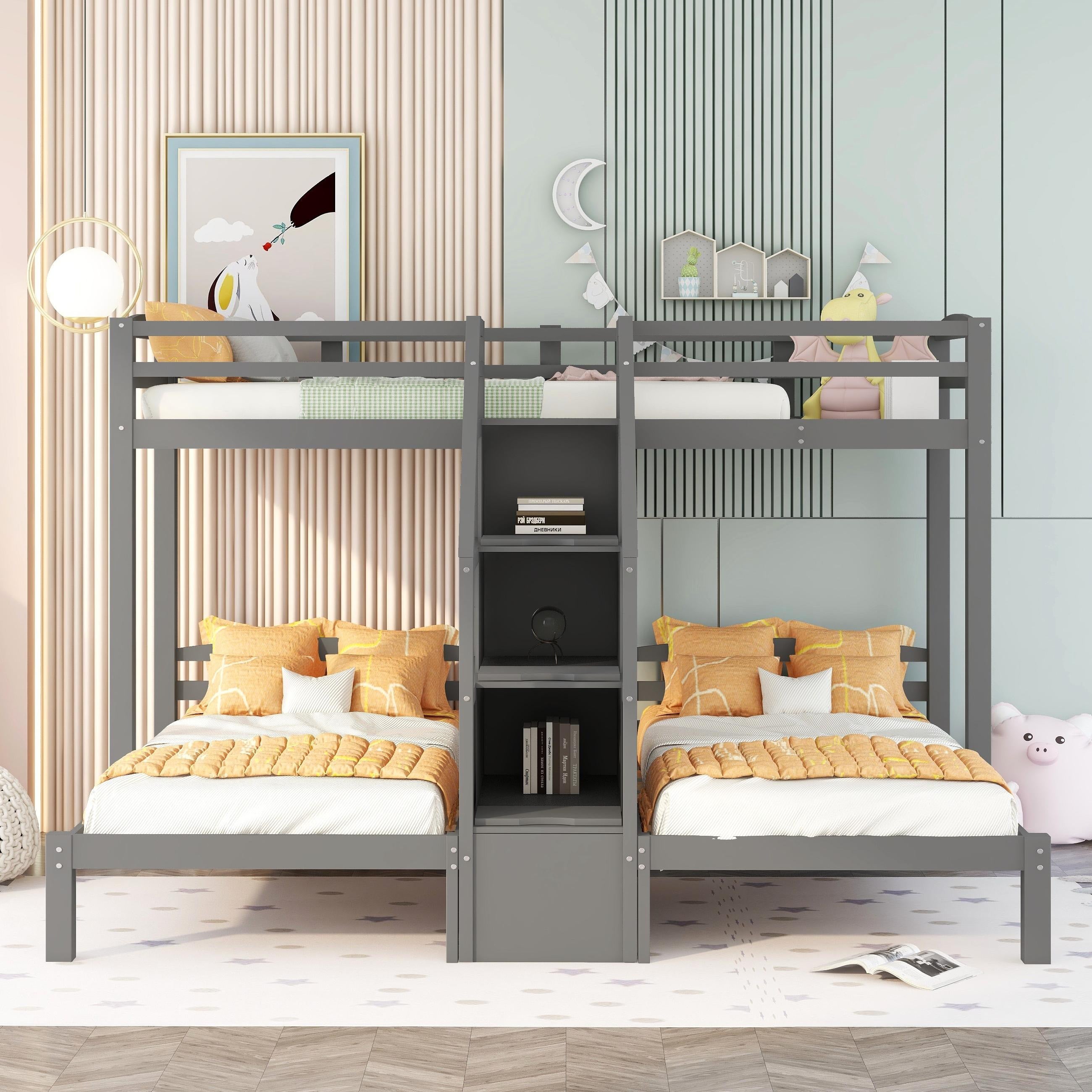 Twin Over Twin Bunk Bed with Built-in Staircase and Storage Drawer