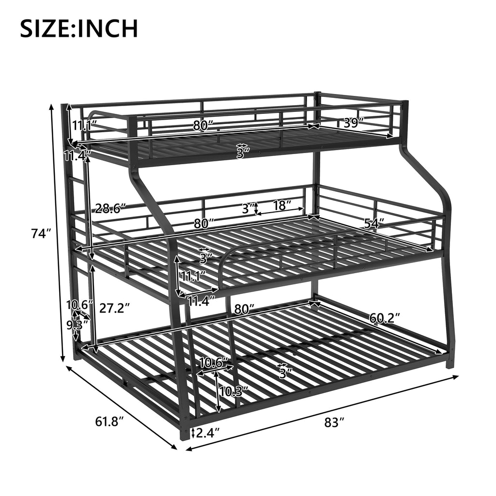 Twin XL/Full XL/Queen Triple Bunk Bed with Long and Short Ladder