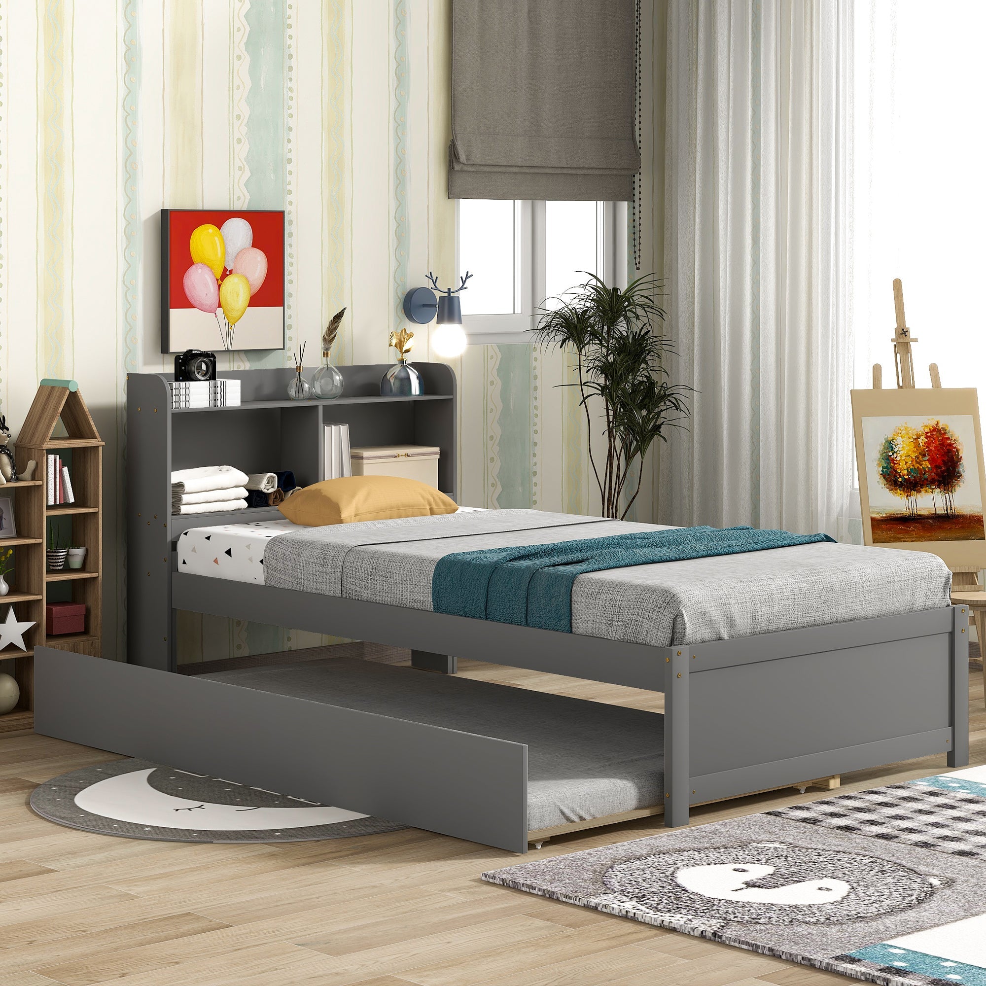 Twin Bed with Trundle and Bookcase