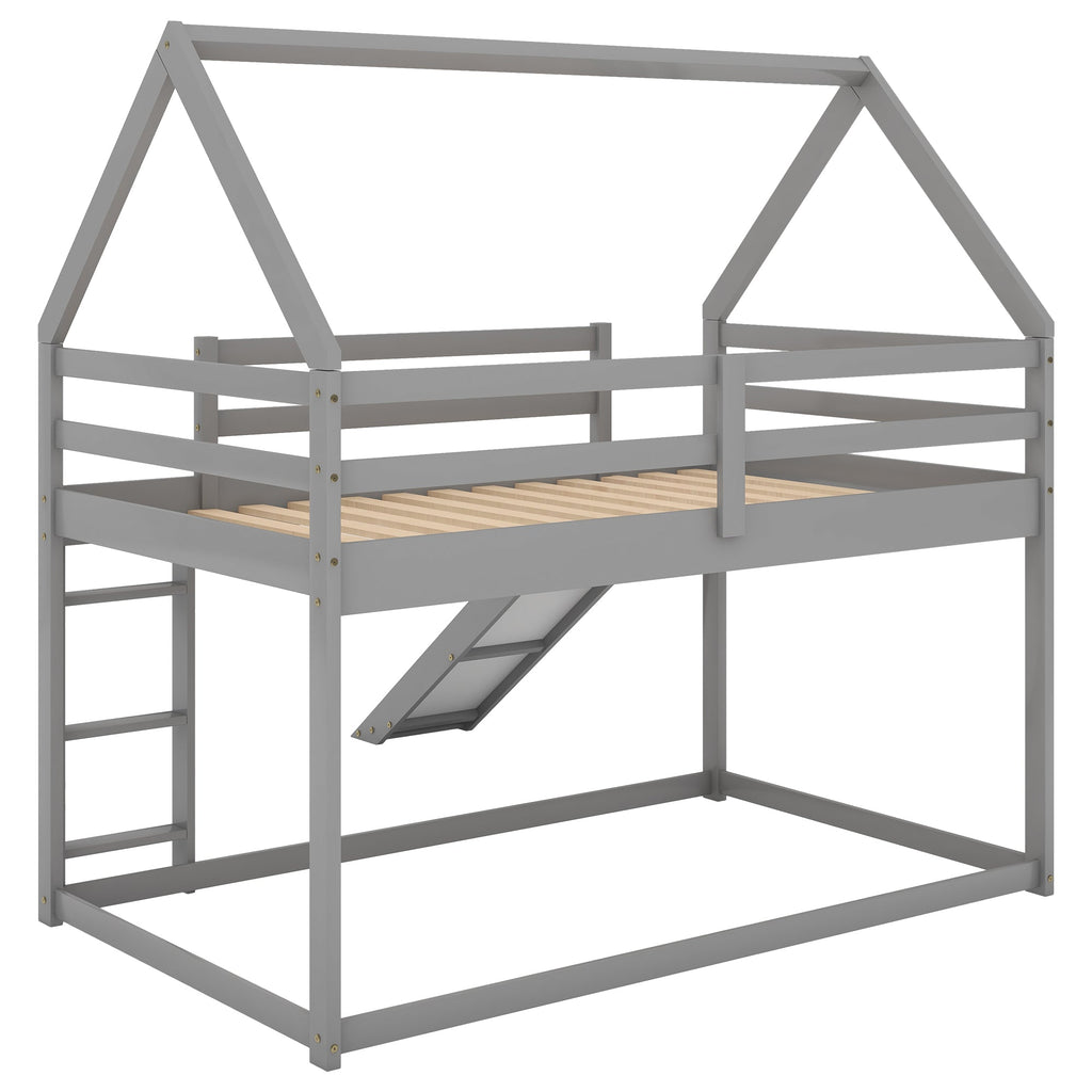 Twin Size Bunk House Bed With Slide And Ladder