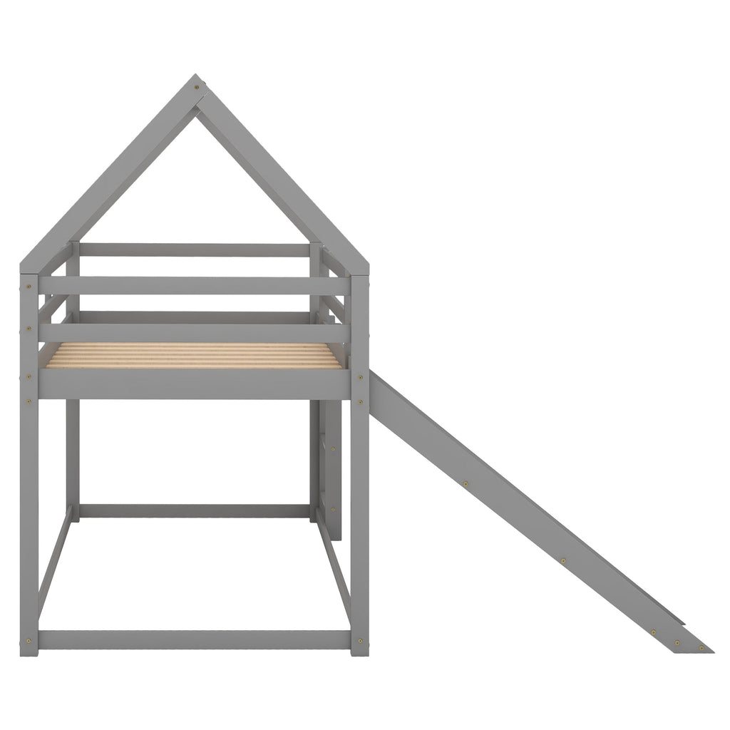 Twin Size Bunk House Bed With Slide And Ladder