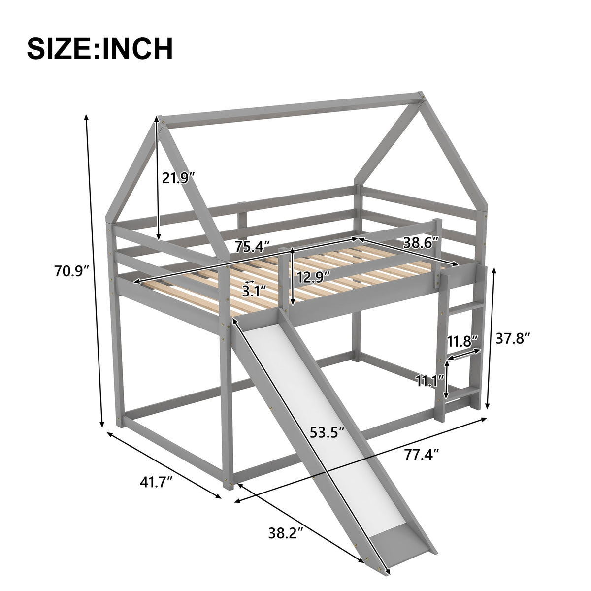 Twin Size Bunk House Bed With Slide And Ladder