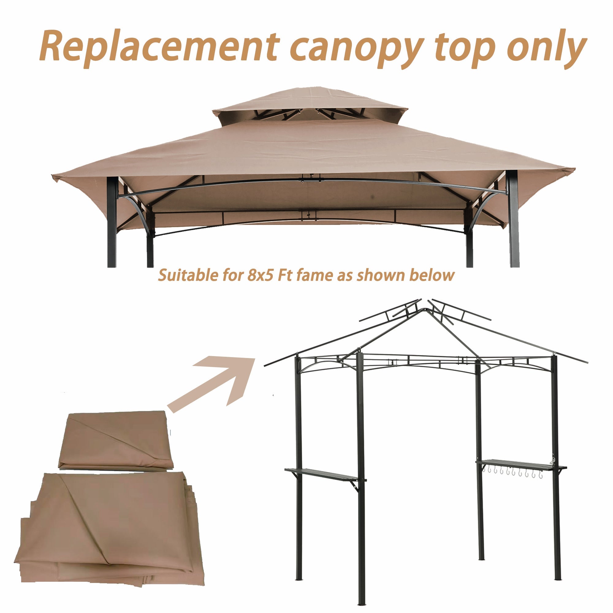 8x5Ft Grill Gazebo Replacement Canopy, Double Tiered BBQ Tent Roof Top Cover