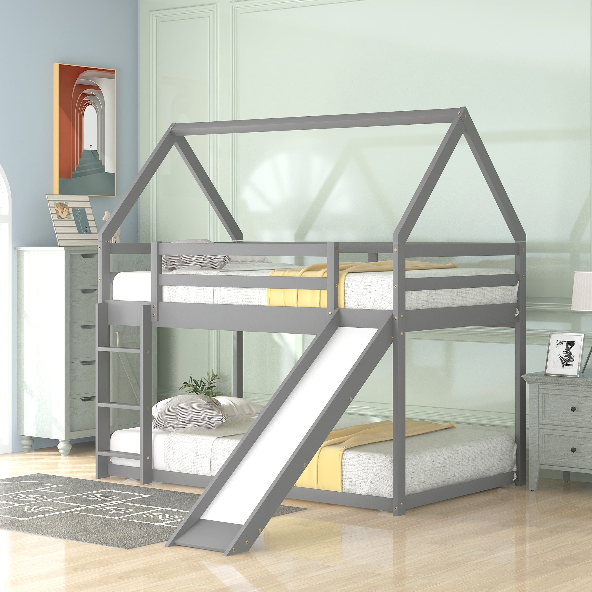 Twin Size Bunk House Bed With Slide And Ladder