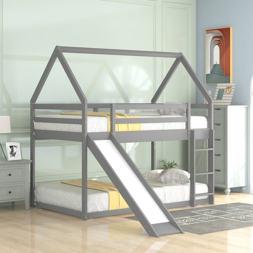 Twin Size Bunk House Bed With Slide And Ladder
