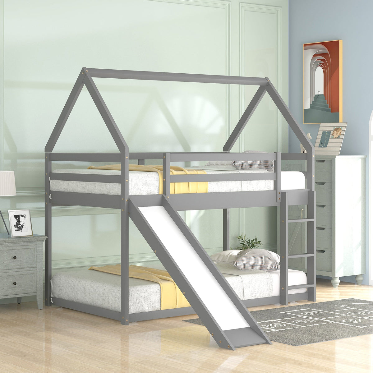 Twin Size Bunk House Bed With Slide And Ladder