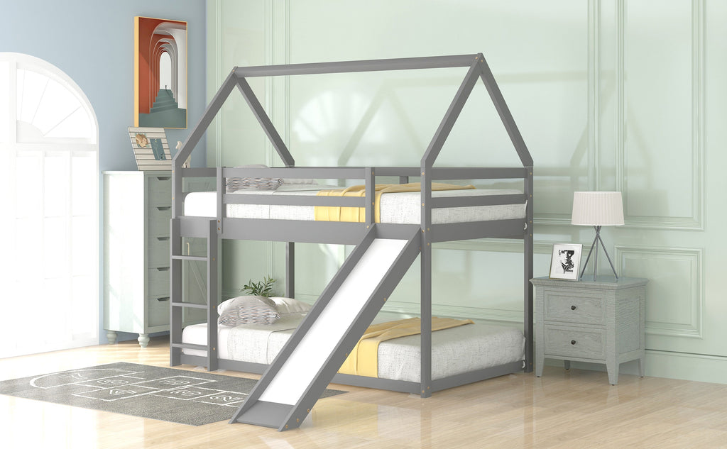 Twin Size Bunk House Bed With Slide And Ladder