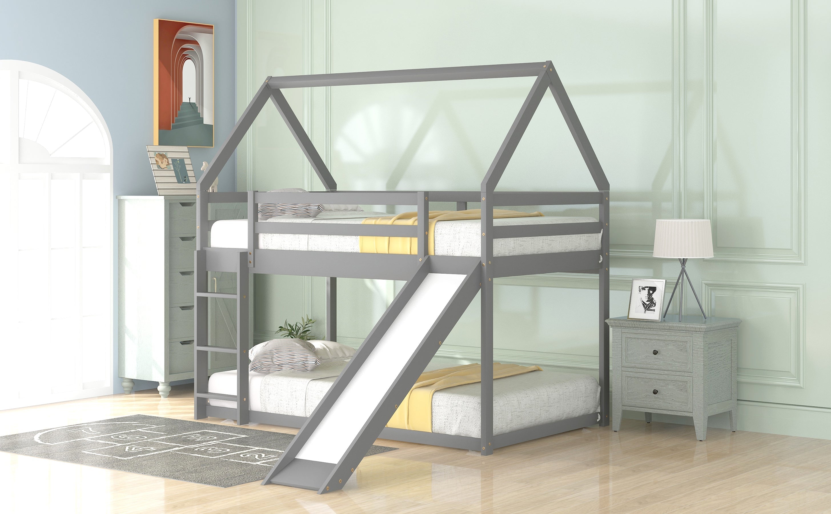 Twin Size Bunk House Bed With Slide And Ladder