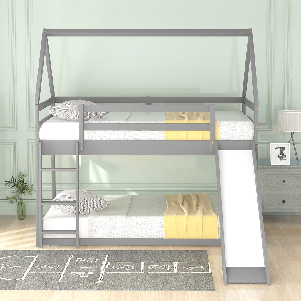 Twin Size Bunk House Bed With Slide And Ladder