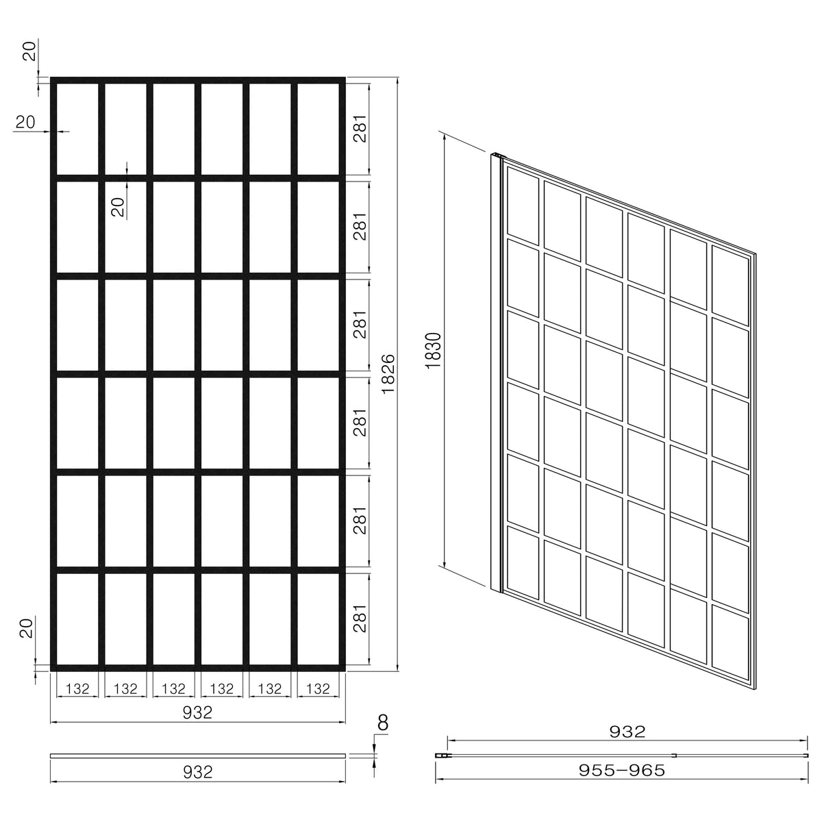 Frameless Fixed Shower Door 34" W x 72" H