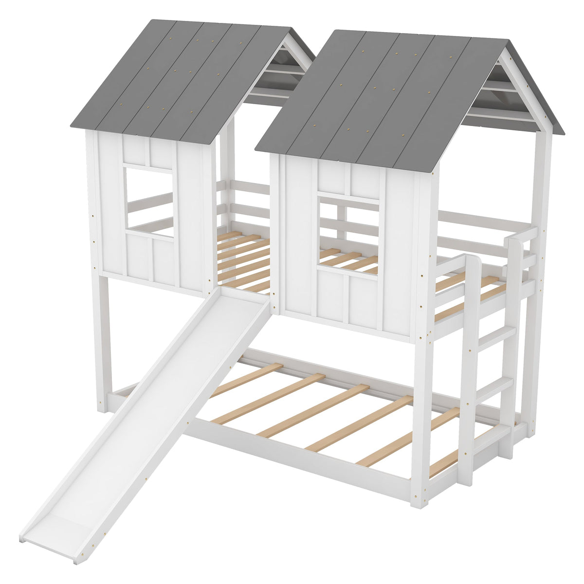 Twin Over Twin House Bunk Bed with Slide and Windows