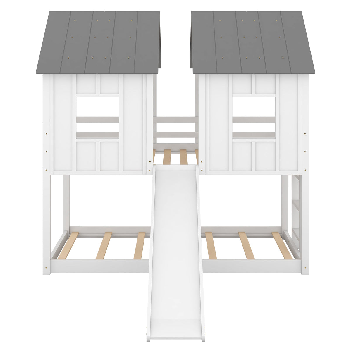 Twin Over Twin House Bunk Bed with Slide and Windows
