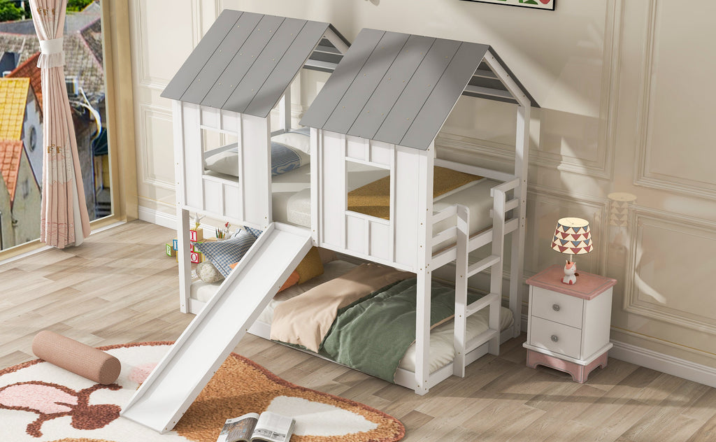 Twin Over Twin House Bunk Bed with Slide and Windows