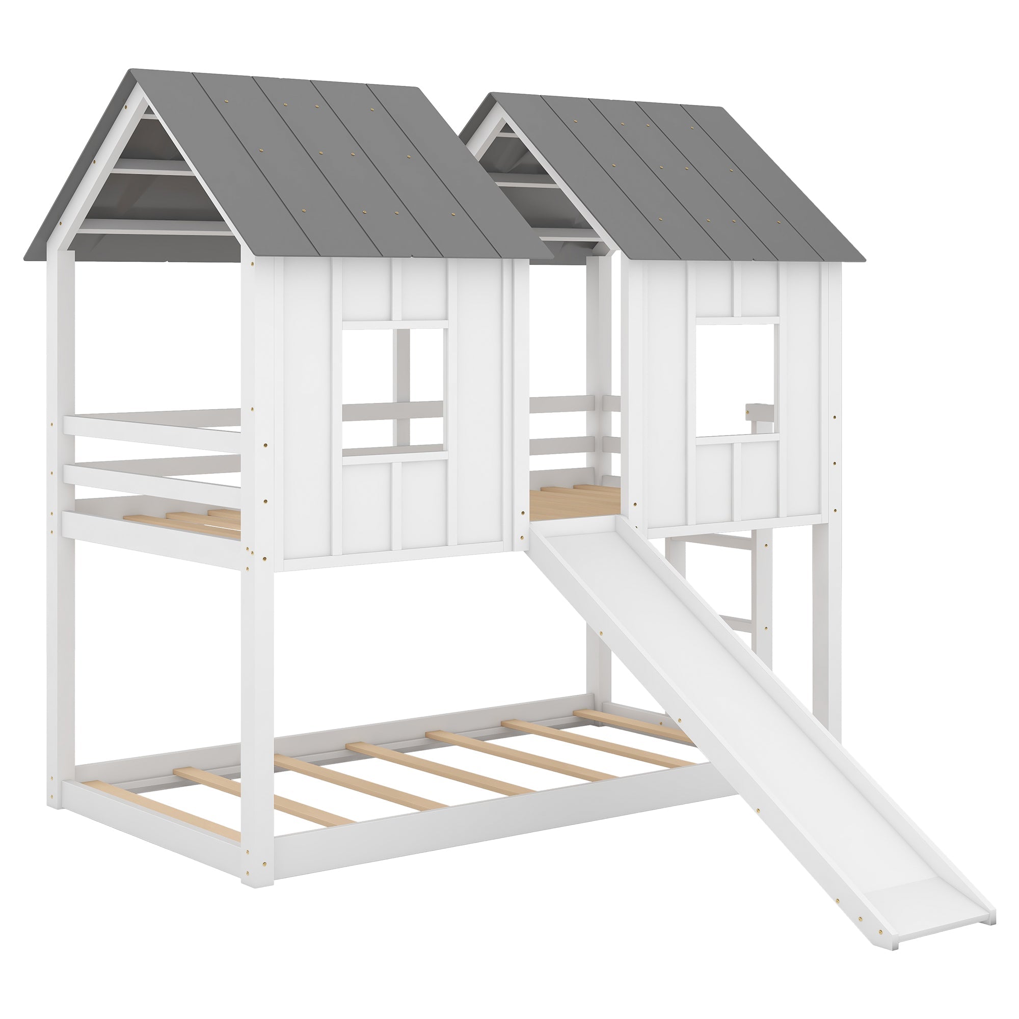Twin Over Twin House Bunk Bed with Slide and Windows