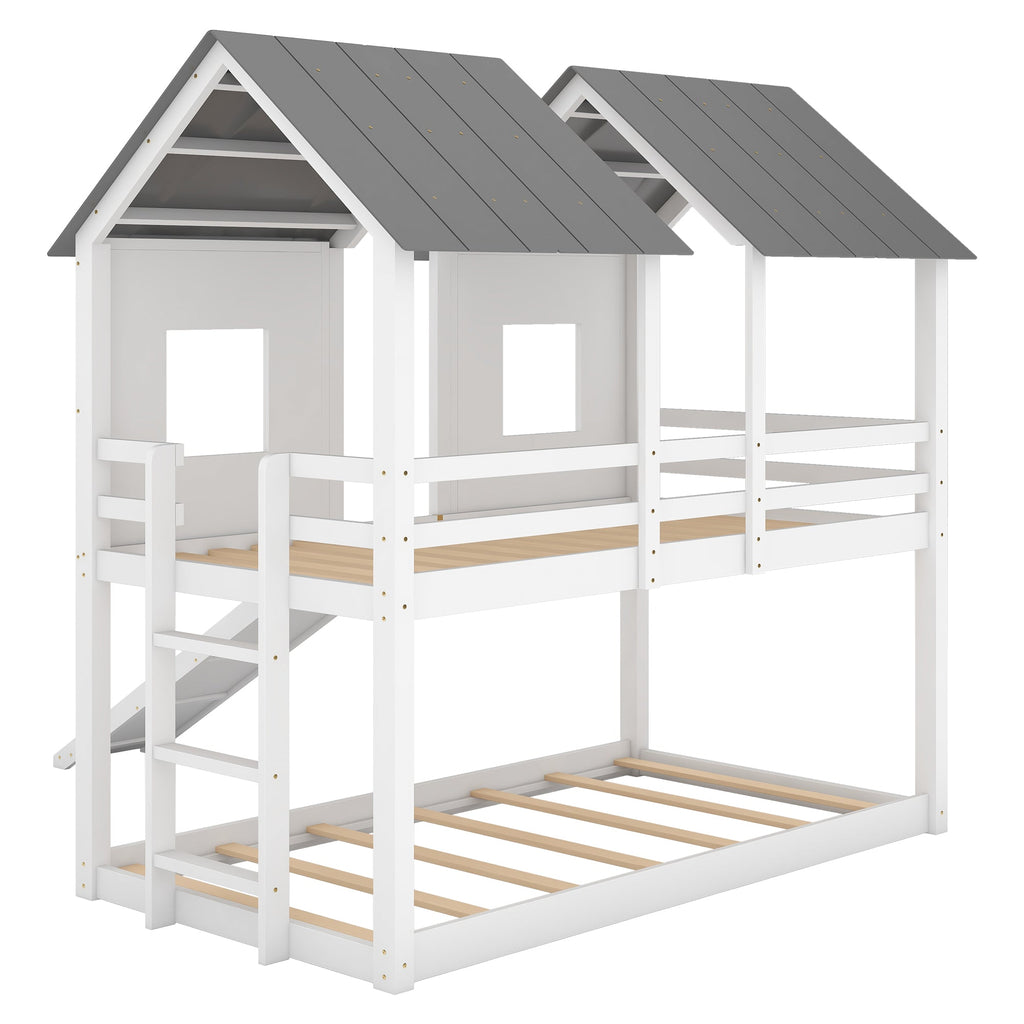 Twin Over Twin House Bunk Bed with Slide and Windows