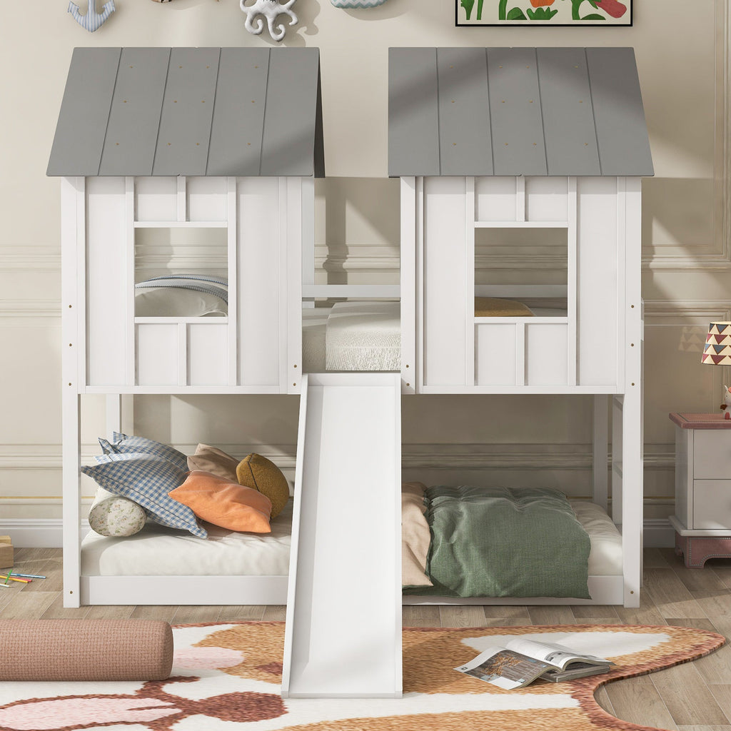 Twin Over Twin House Bunk Bed with Slide and Windows