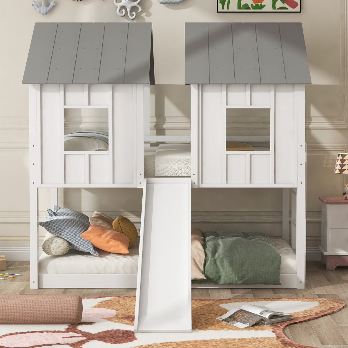 Twin Over Twin House Bunk Bed with Slide and Windows