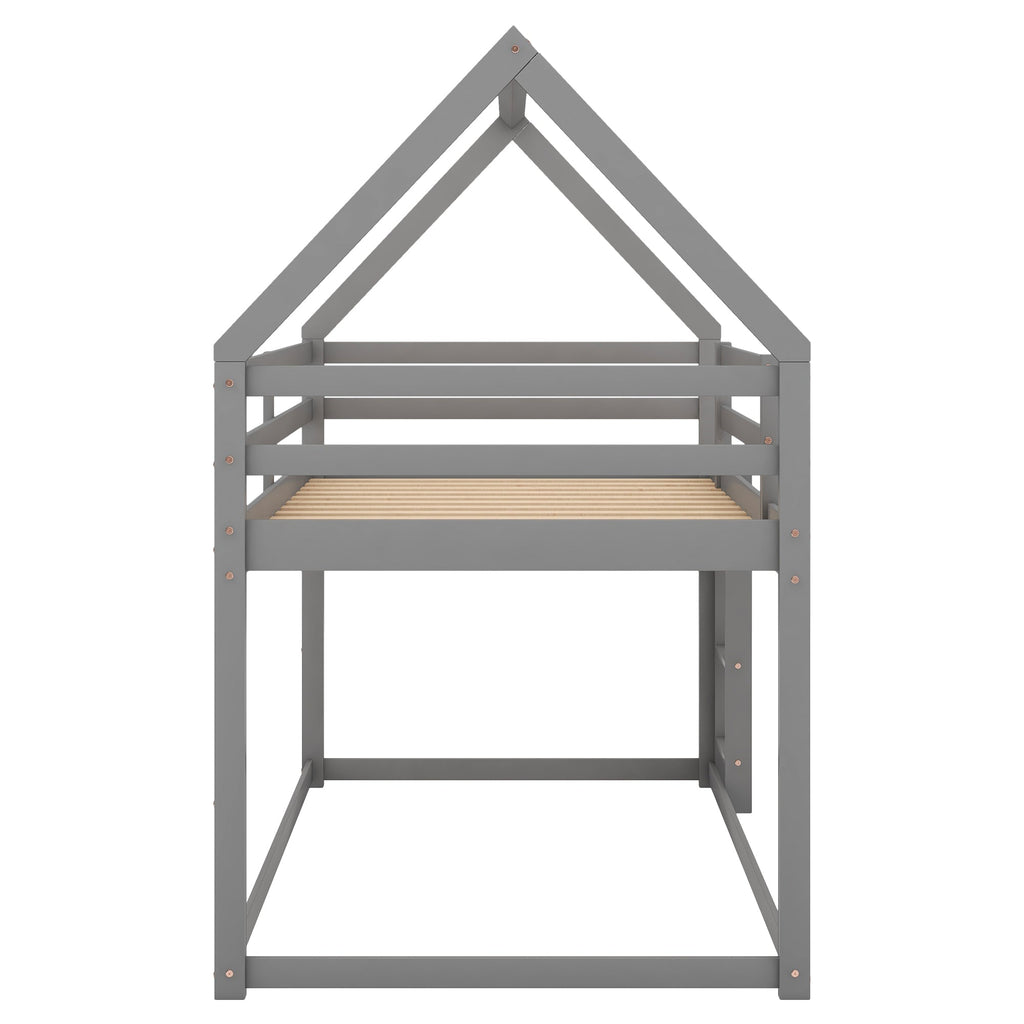 Twin Over Twin Low Bunk Bed with Ladder, Gray