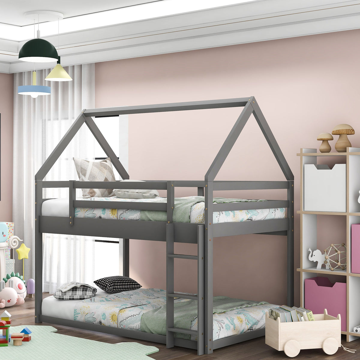 Twin Over Twin Low Bunk Bed with Ladder, Gray