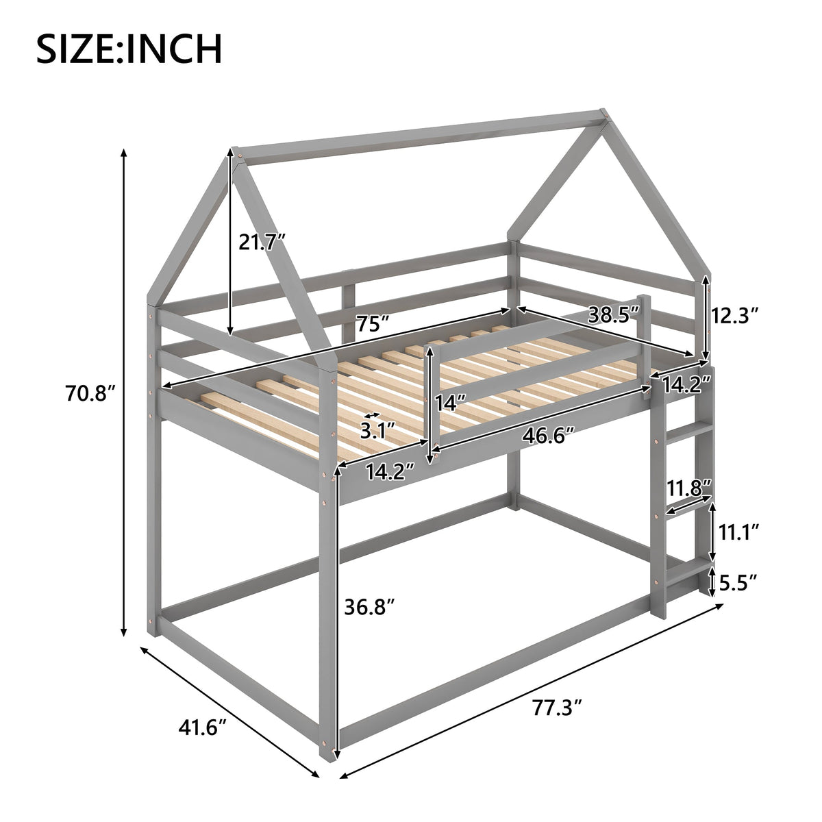 Twin Over Twin Low Bunk Bed with Ladder, Gray