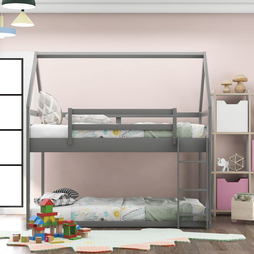 Twin Over Twin Low Bunk Bed with Ladder, Gray
