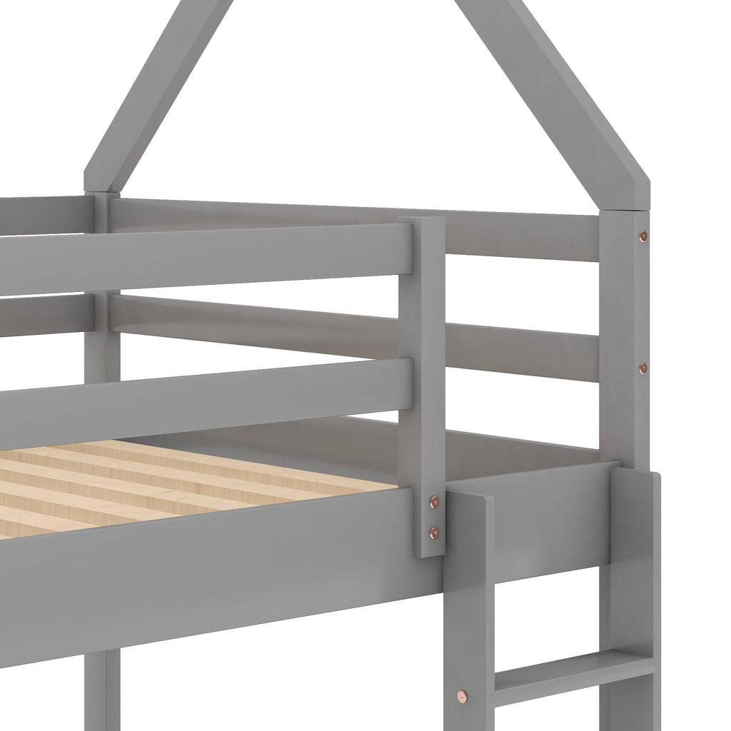 Twin Over Twin Low Bunk Bed with Ladder, Gray