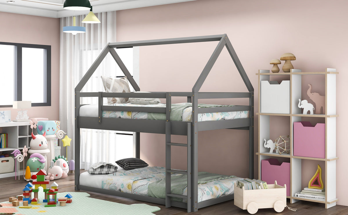 Twin Over Twin Low Bunk Bed with Ladder, Gray