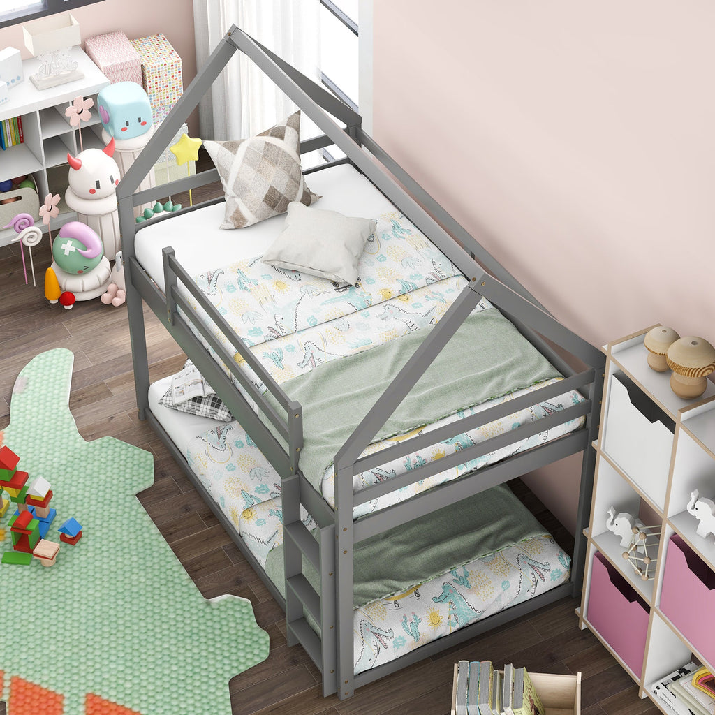 Twin Over Twin Low Bunk Bed with Ladder, Gray